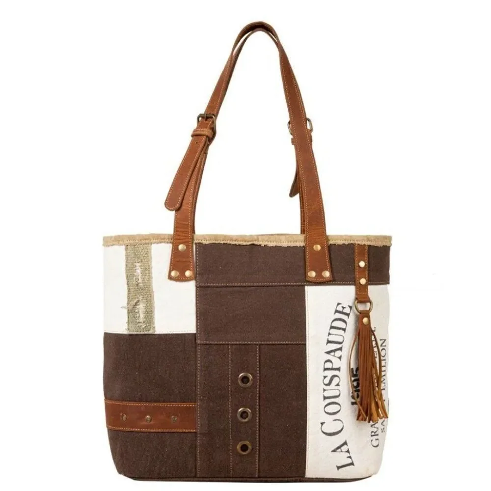 Myra Bag Handmade Francais Tote Bag Upcycled Canvas & Cowhide Leather